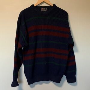 Lord Jeff made in USA 100% Virgin Wool Navy burgundy Green striped Sweater